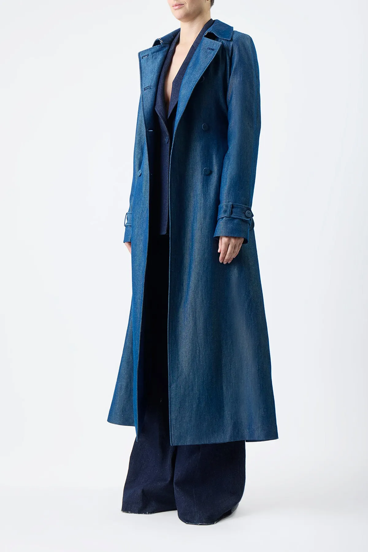 Braden Trench Coat in Deep Fluorite Blue Virgin Wool Linen Twill