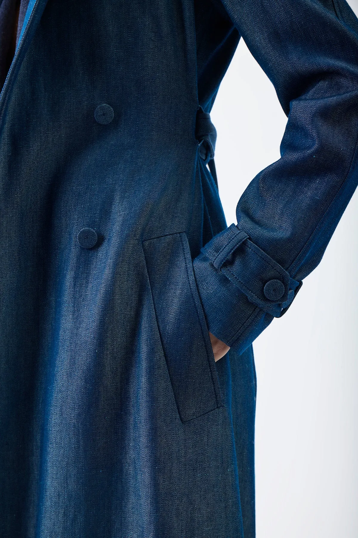 Braden Trench Coat in Deep Fluorite Blue Virgin Wool Linen Twill