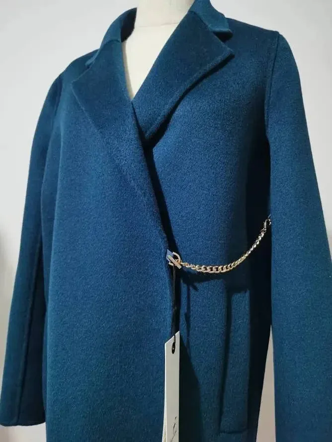 Chain-Embellished Wool Coat - Black, Dark Turquoise or Cream