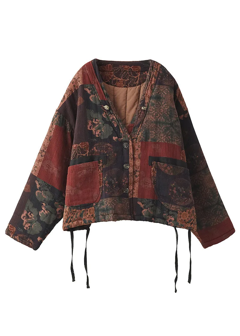 Colorblock Print Pockets Patchwork Cotton Coat V Neck Long Sleeve ML0085