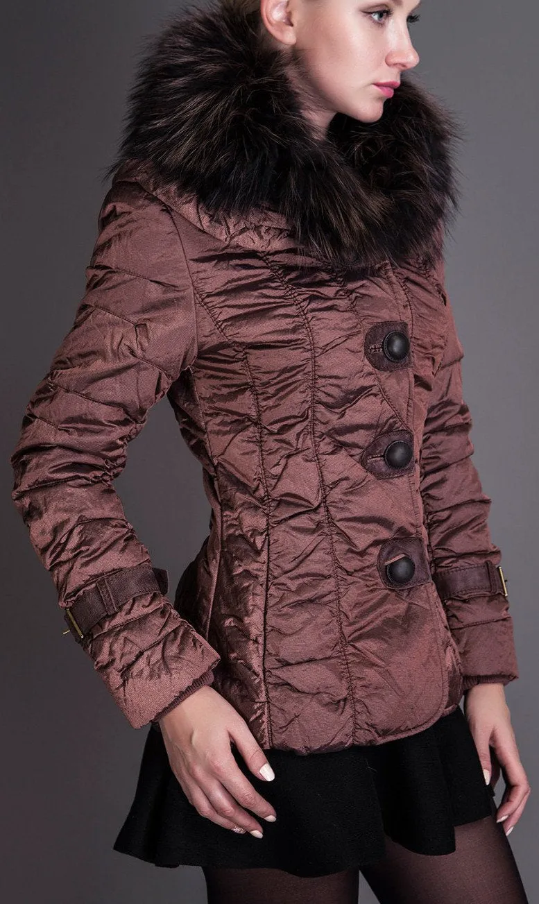 Crinkle Metallic Quilted Jacket with Fur Collar, Burgundy/Red