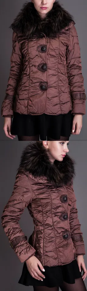 Crinkle Metallic Quilted Jacket with Fur Collar, Burgundy/Red