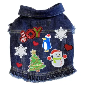 Custom Christmas Denim Dog Jacket With Ruffles Snow Flakes