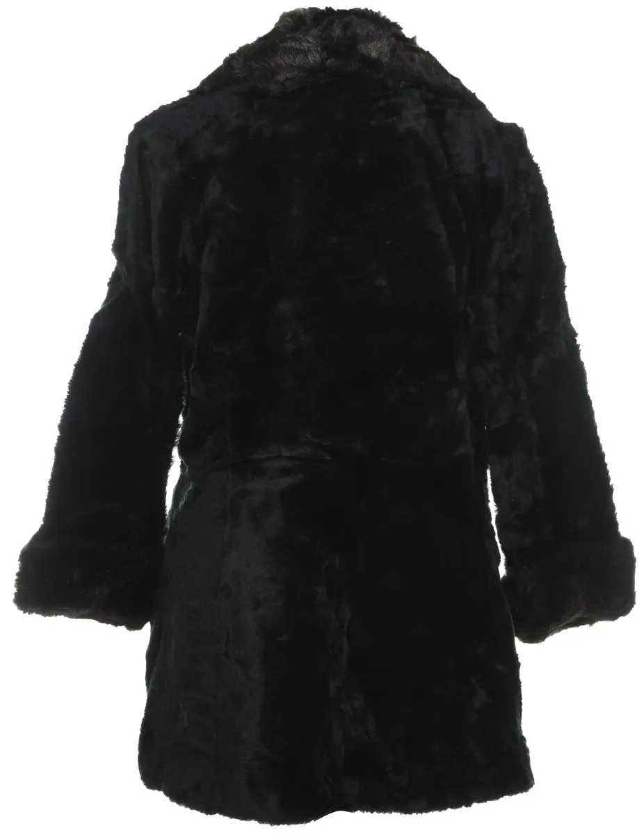 Double Breasted Black Faux Fur Coat - L