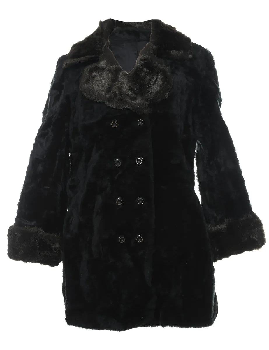 Double Breasted Black Faux Fur Coat - L