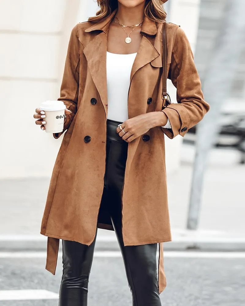 Double Breasted Long Trench Coat Classic Lapel Slim Overcoat with Belt