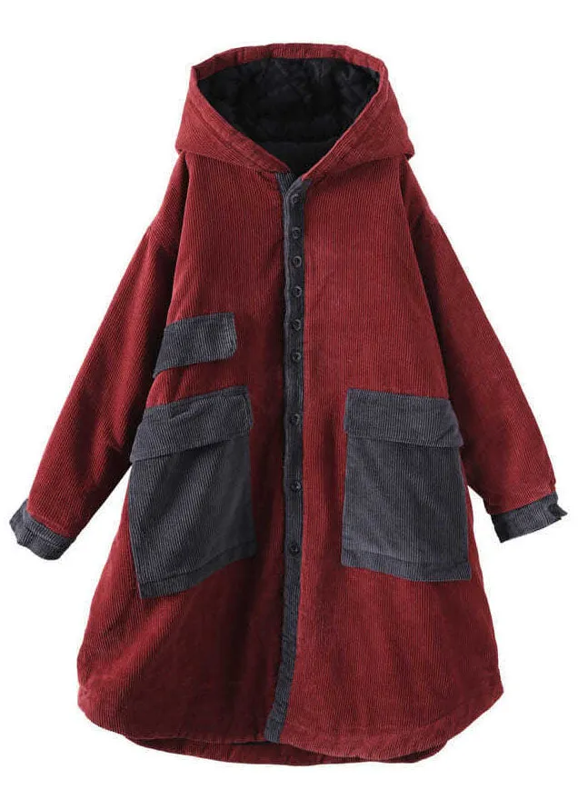 Elegant Red hooded Pockets Button Winter Coat Long sleeve