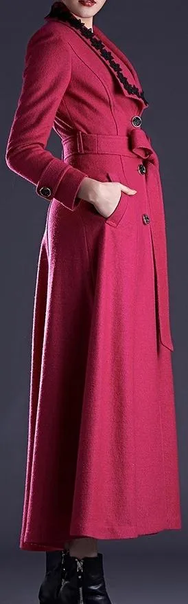 Embroidered-Collar Long Wool Coat