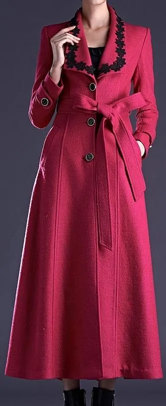 Embroidered-Collar Long Wool Coat