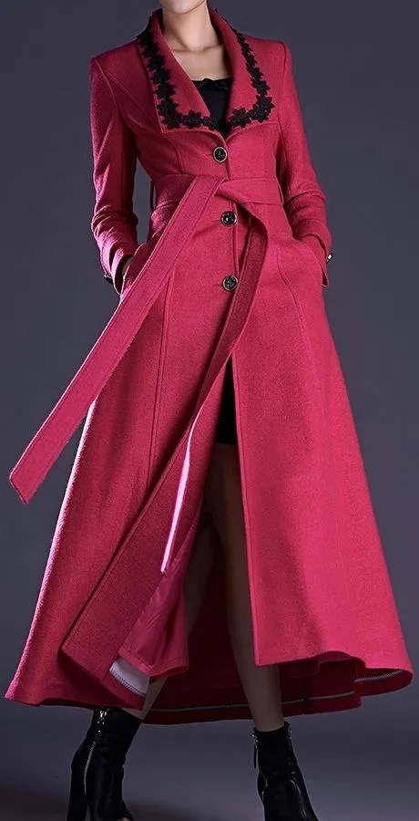 Embroidered-Collar Long Wool Coat