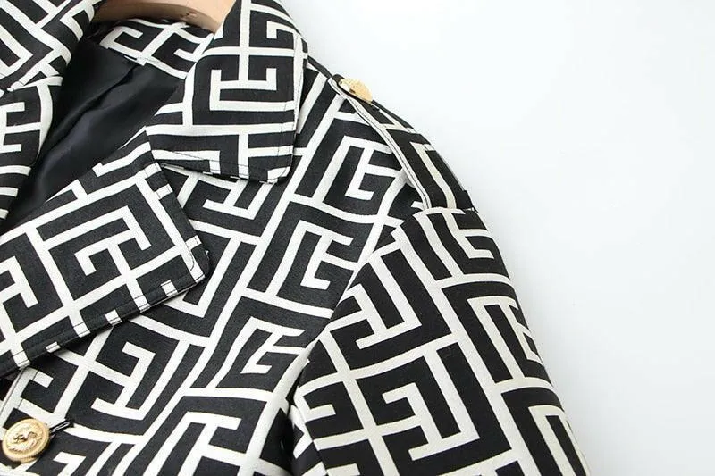 Geometric Pattern Long Trench Coat in Cotton Blend