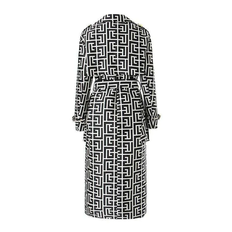 Geometric Pattern Long Trench Coat in Cotton Blend