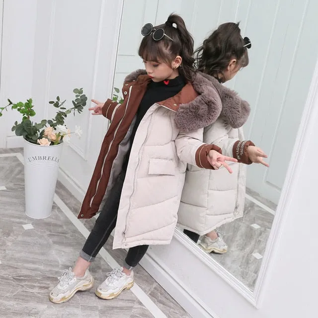 Girl Clothing Thick Parka Fur Hooded Snowsuit Outerwear Coat