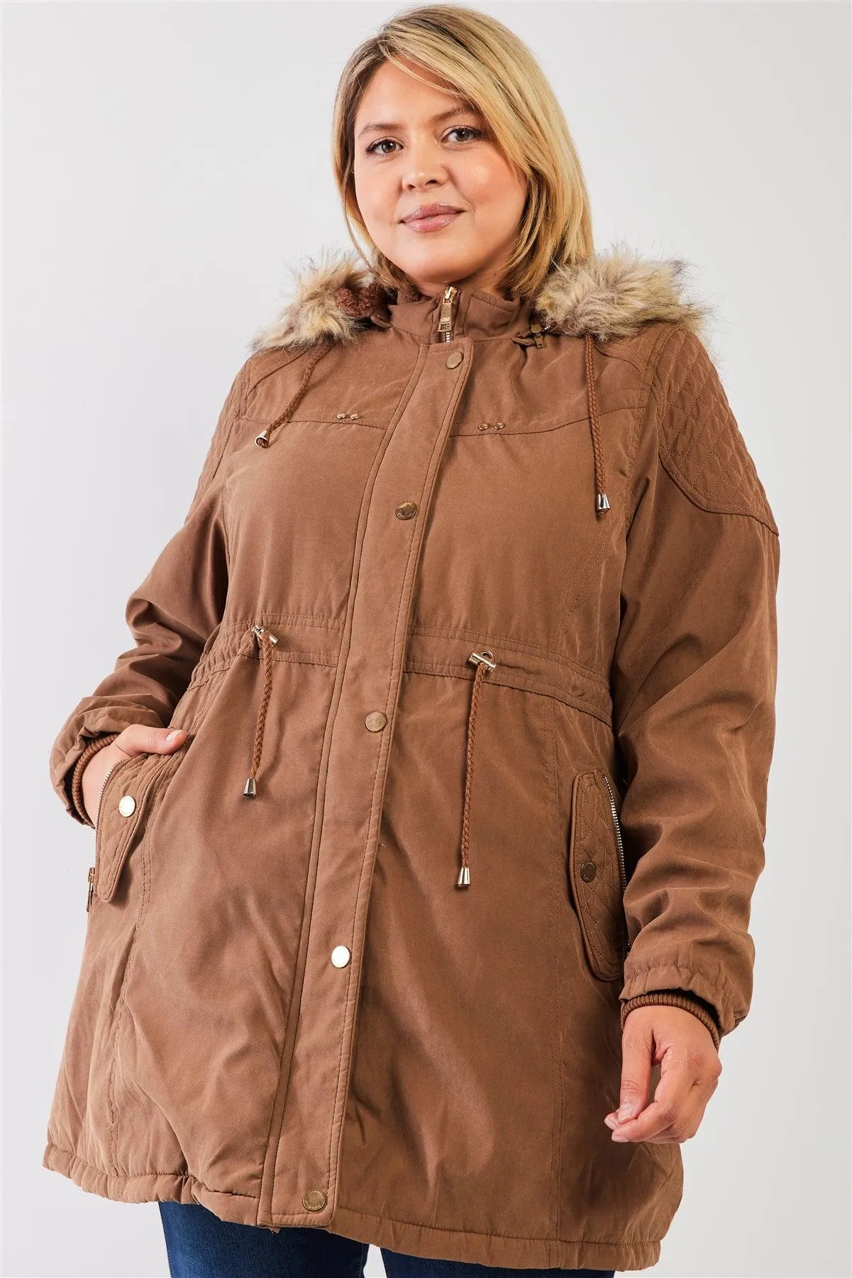 Junior Plus Size Brown Quilted Detail Vegan Fur Cotton Twill Parka Jacket /2-2-1-1