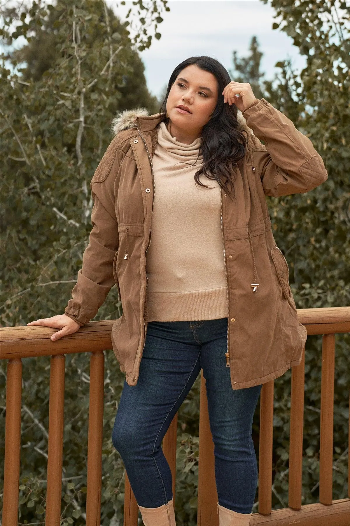 Junior Plus Size Brown Quilted Detail Vegan Fur Cotton Twill Parka Jacket /2-2-1-1