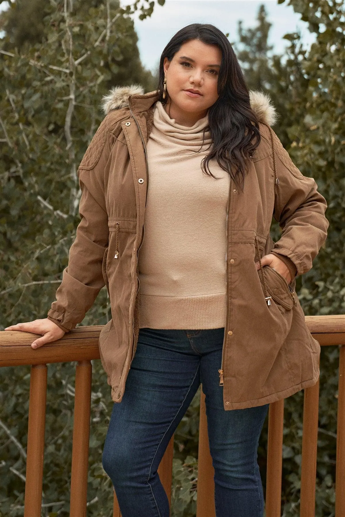 Junior Plus Size Brown Quilted Detail Vegan Fur Cotton Twill Parka Jacket /2-2-1-1