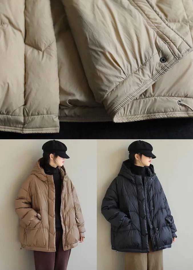 Khaki Solid Duck Down Puffer Jacket Hooded Pockets Winter