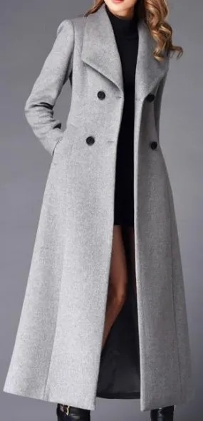 Long Double-Breasted Wool Coat in Grey