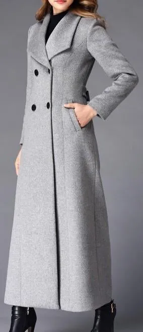 Long Double-Breasted Wool Coat in Grey