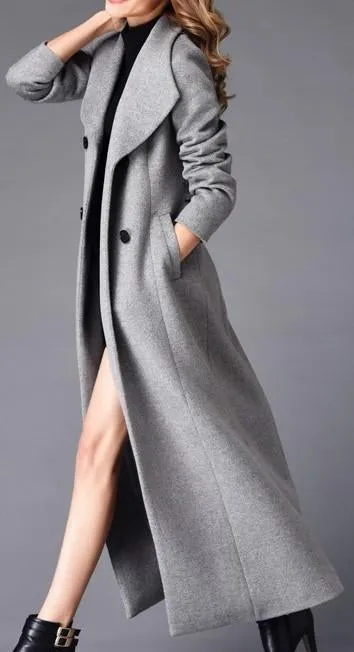 Long Double-Breasted Wool Coat in Grey