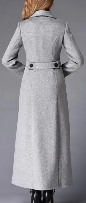 Long Double-Breasted Wool Coat in Grey