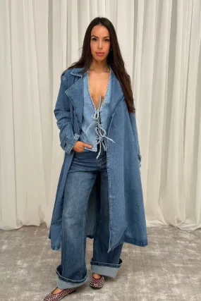 Lynne Denim Trench Coat In Mid Wash