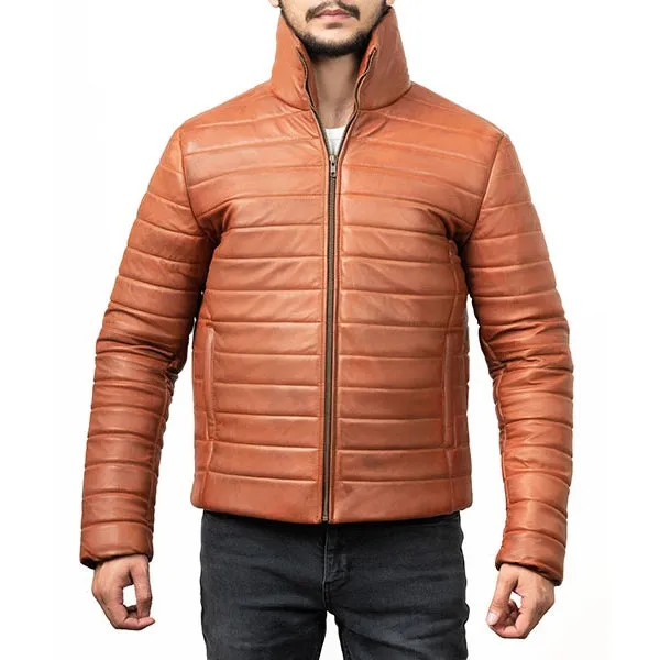 Mens Brown Leather Puffer Jacket