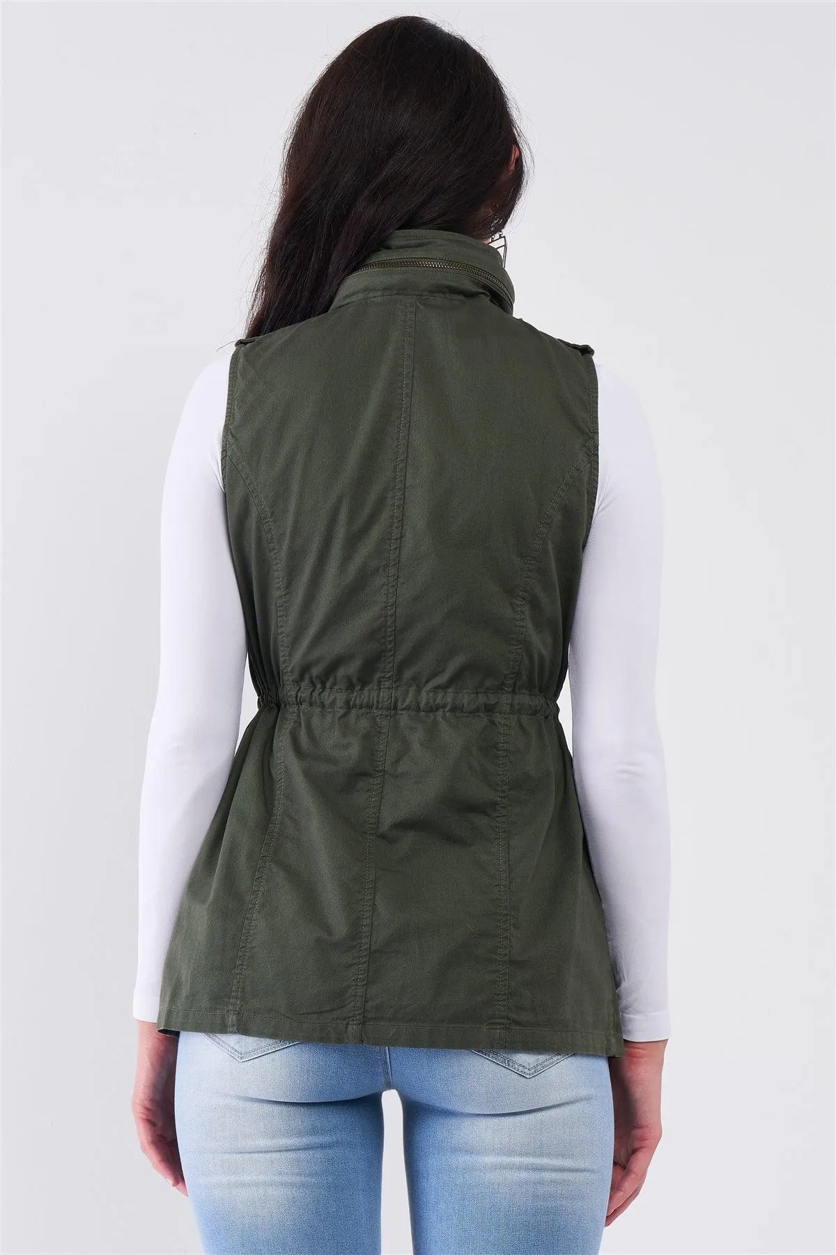 Military Olive Sleeveless Foldable Hood With Detachable Faux Fur Trim Parka Vest /1-3