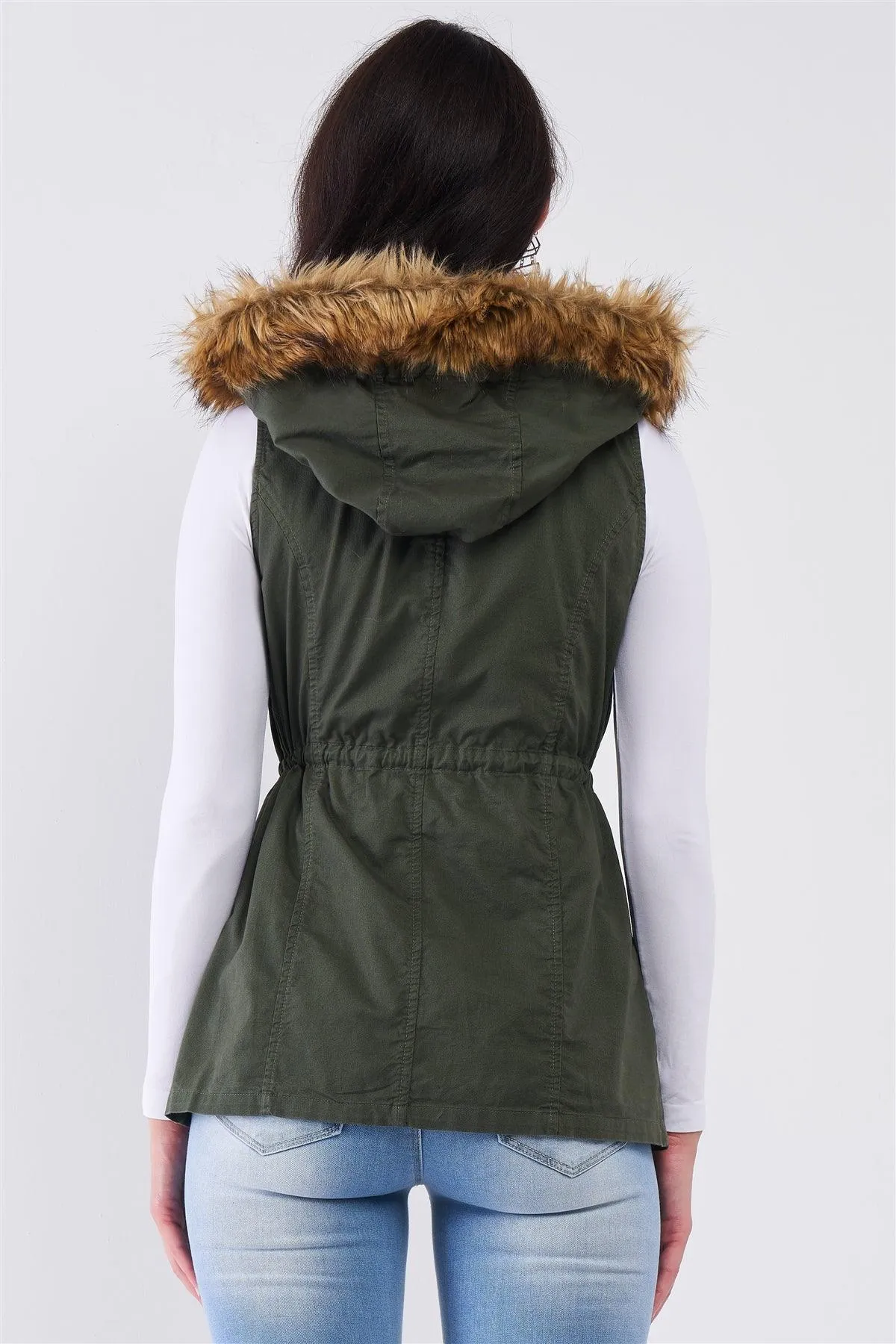 Military Olive Sleeveless Foldable Hood With Detachable Faux Fur Trim Parka Vest /1-3