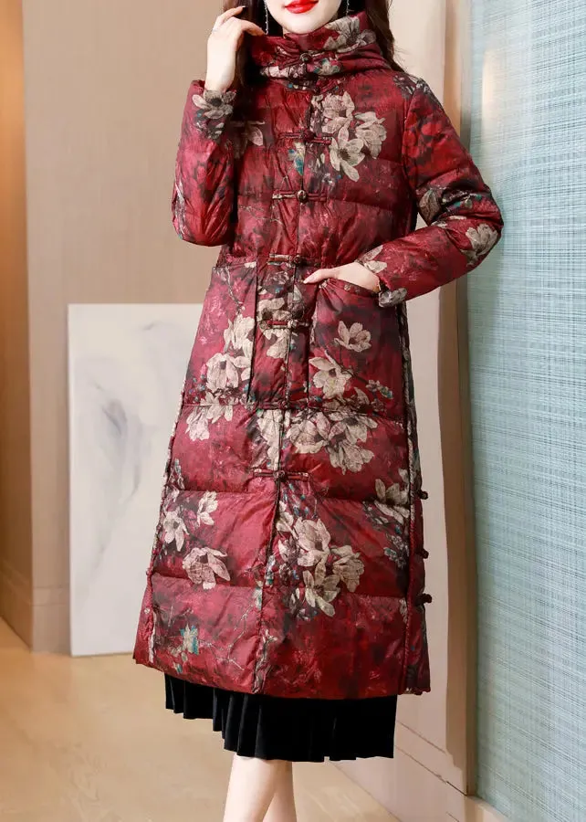 Mulberry Print Pockets Patchwork Duck Down Puffer Coats Stand Collar Winter ML2800