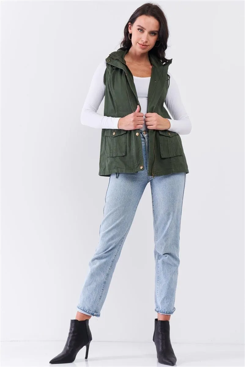 Olive Military Sleeveless Detachable Hoodie Vest Jacket