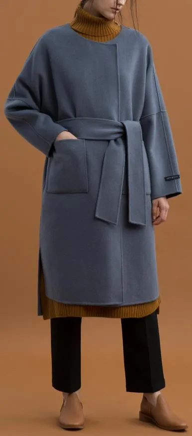 Oversized Wool Wrap Coat, Grey/Blue