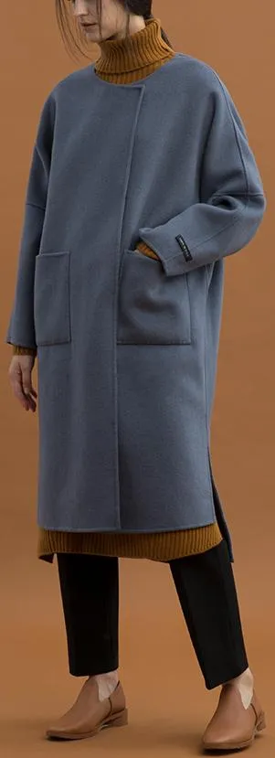 Oversized Wool Wrap Coat, Grey/Blue