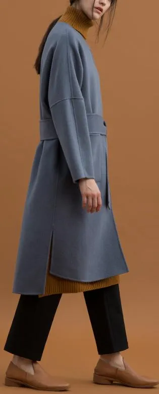 Oversized Wool Wrap Coat, Grey/Blue