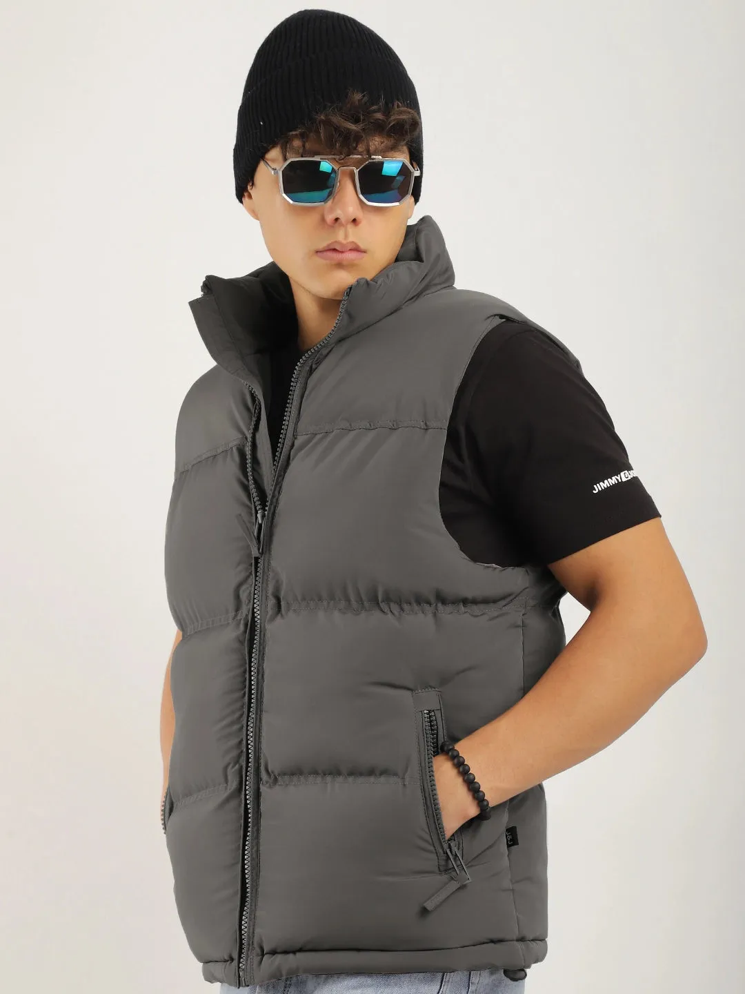 Quilted Gilet Cut Sleeves Grey Puffer Jacket