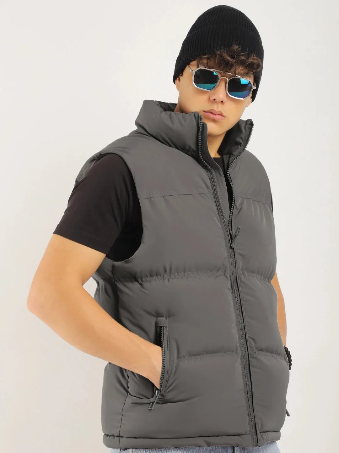 Quilted Gilet Cut Sleeves Grey Puffer Jacket