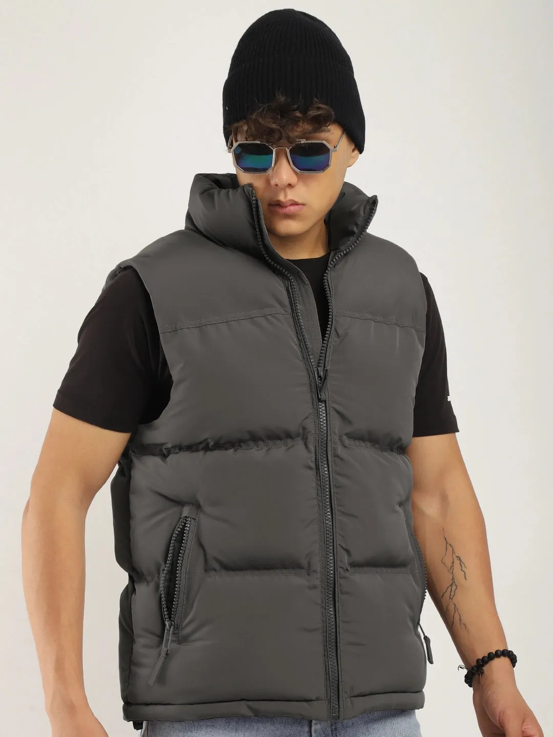 Quilted Gilet Cut Sleeves Grey Puffer Jacket