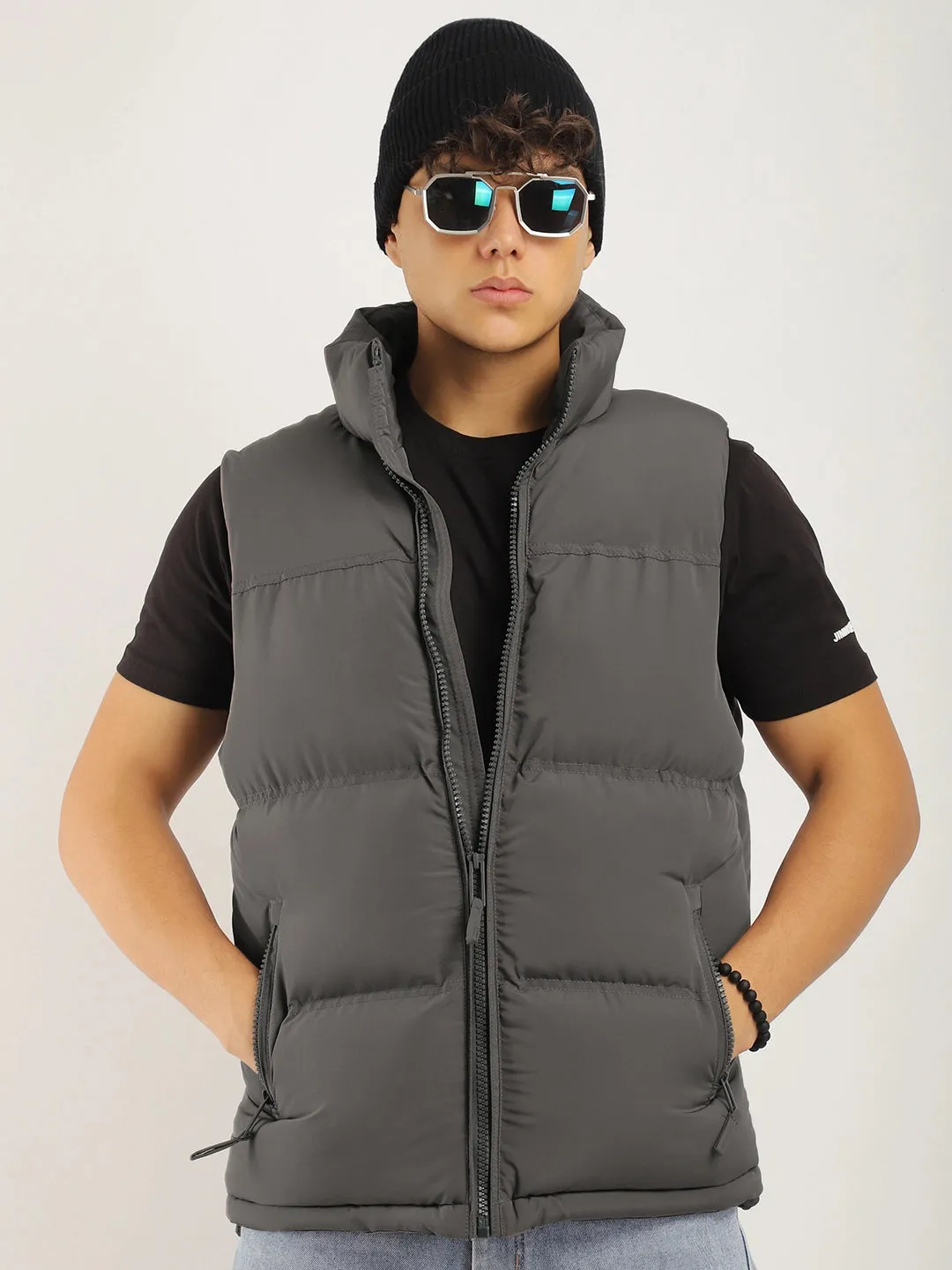 Quilted Gilet Cut Sleeves Grey Puffer Jacket