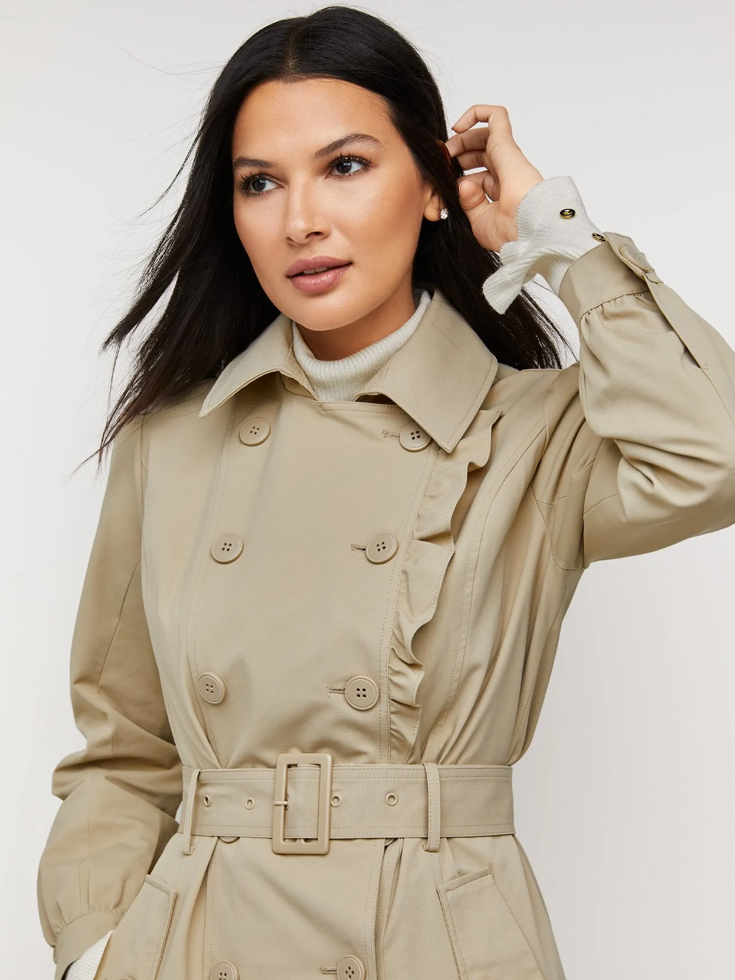 Ruffle-Trim City Trench Coat