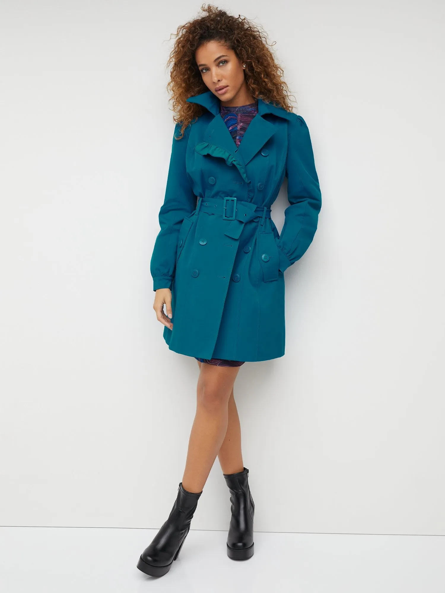 Ruffle-Trim City Trench Coat