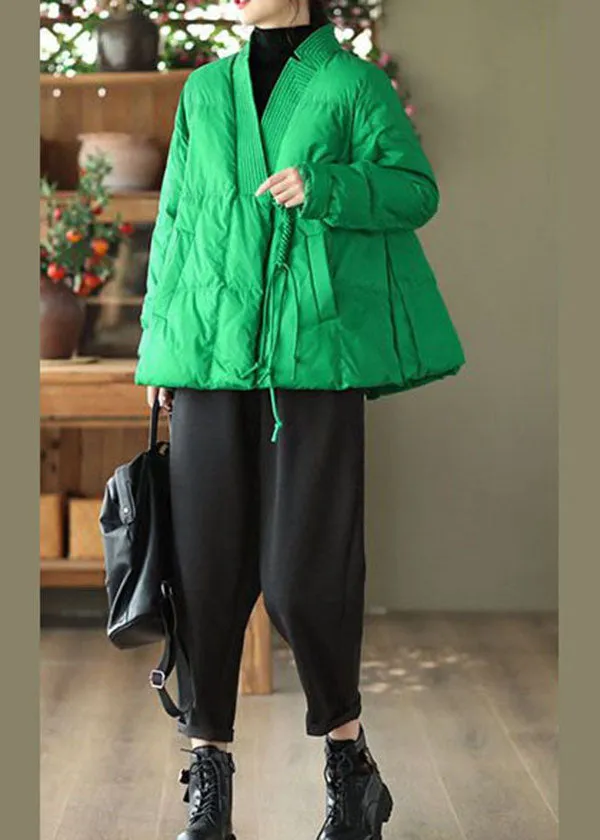 Style Green V Neck Oversized Oriental Button Duck Down Puffer Coat Winter