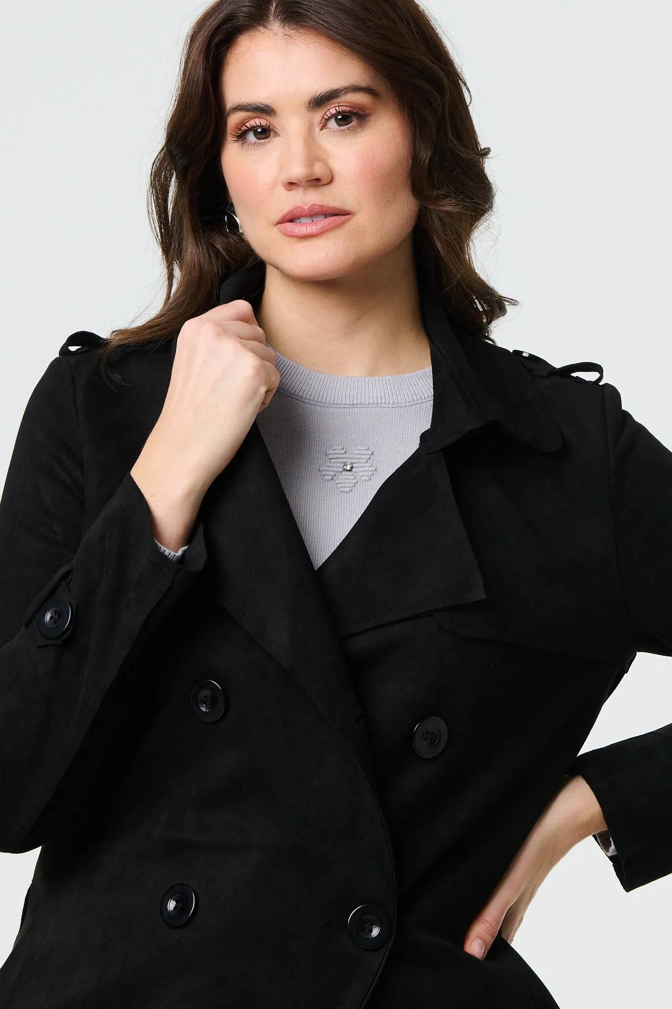 Suede Tie Waist Button Front Trench Coat