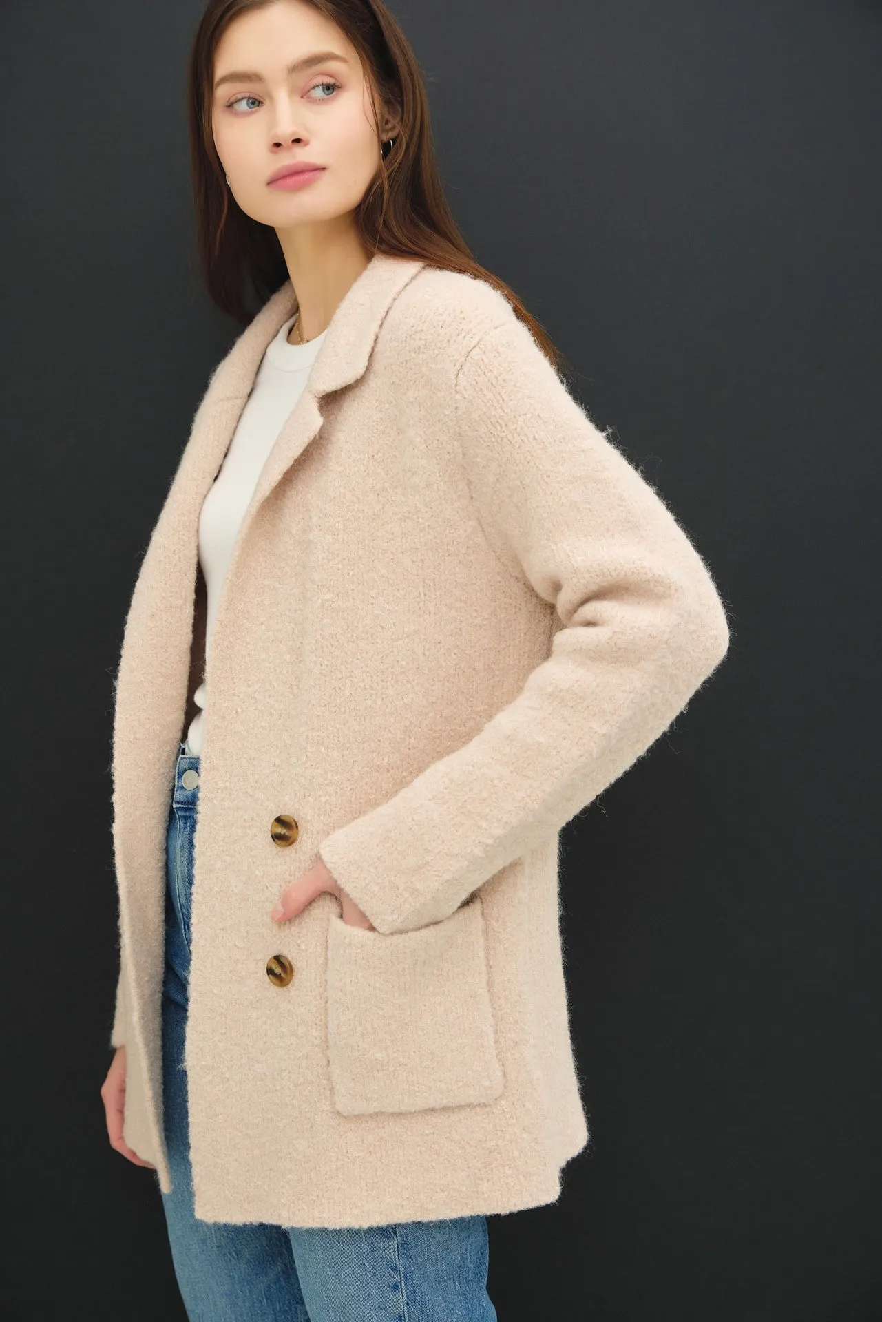 Textured Double-Breasted Coat with Pockets