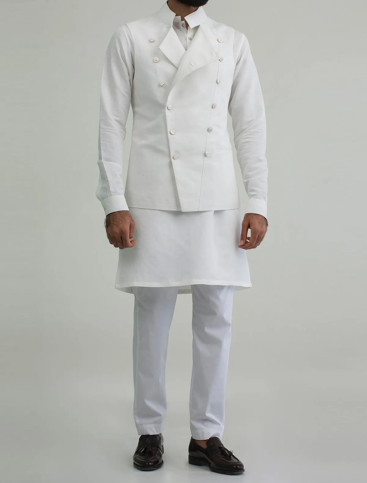 WHITE DOUBLE BREASTED MILITARY STYLE LINEN WAISTCOAT