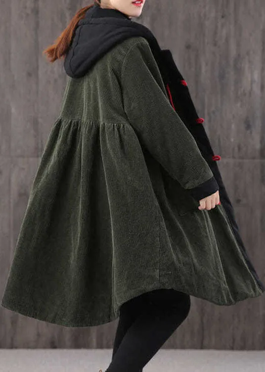 Women Tea Green hooded Button Pockets Patchwork Winter Cotton Parka Long sleeve Coat