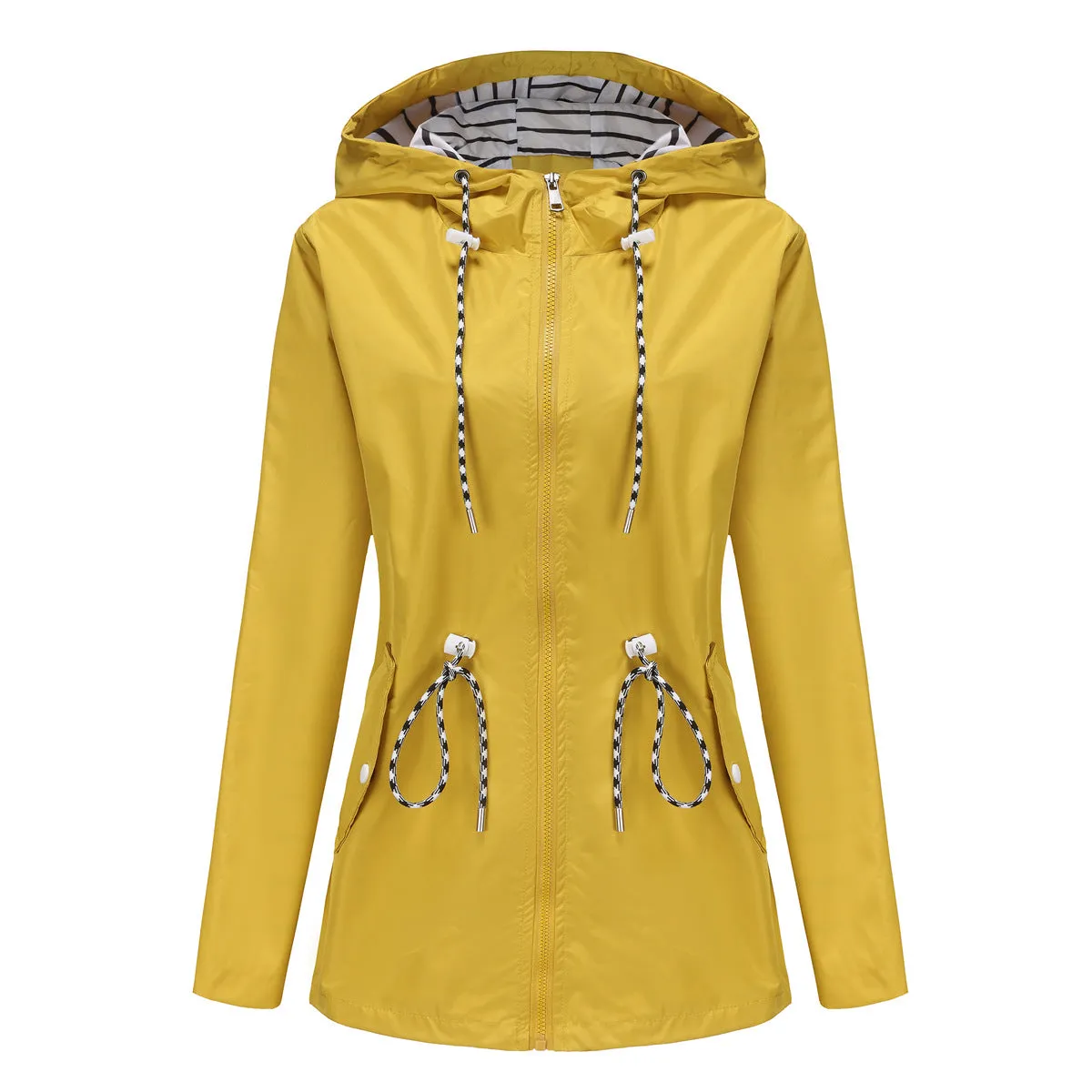 Women's Long-sleeved Waterproof Mid-length Trench Hooded Striped Coats