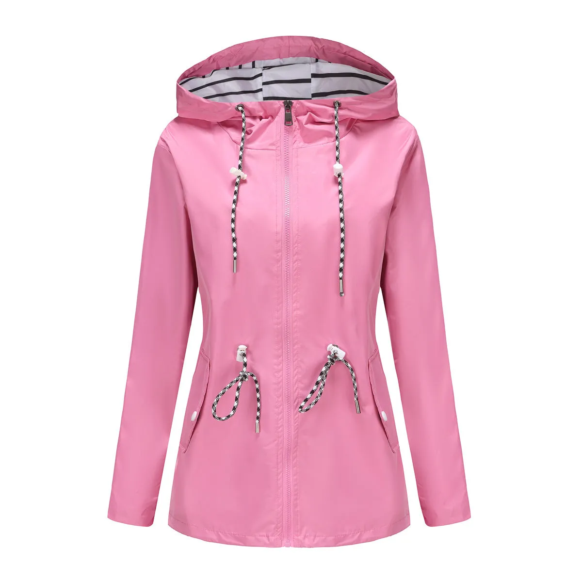 Women's Long-sleeved Waterproof Mid-length Trench Hooded Striped Coats