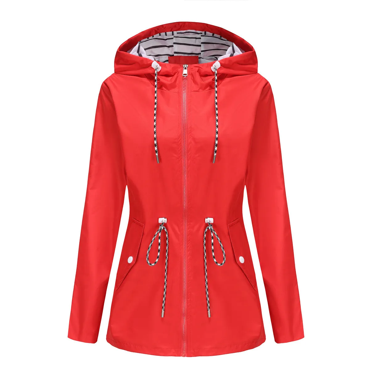 Women's Long-sleeved Waterproof Mid-length Trench Hooded Striped Coats