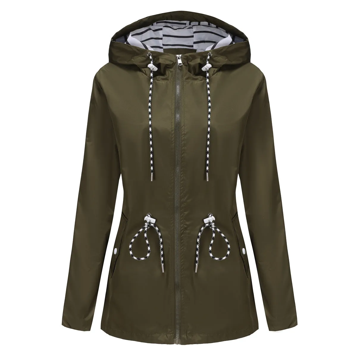 Women's Long-sleeved Waterproof Mid-length Trench Hooded Striped Coats