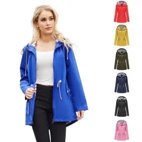 Women's Long-sleeved Waterproof Mid-length Trench Hooded Striped Coats